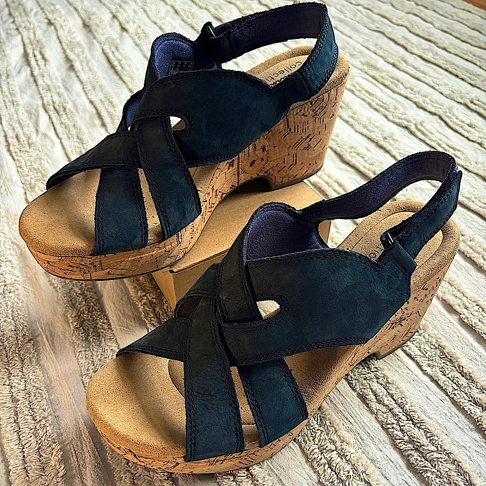 Clarks “Rose Erin” Navy Blue Nubuck Cork Wedge Heels Sandals - Size 9